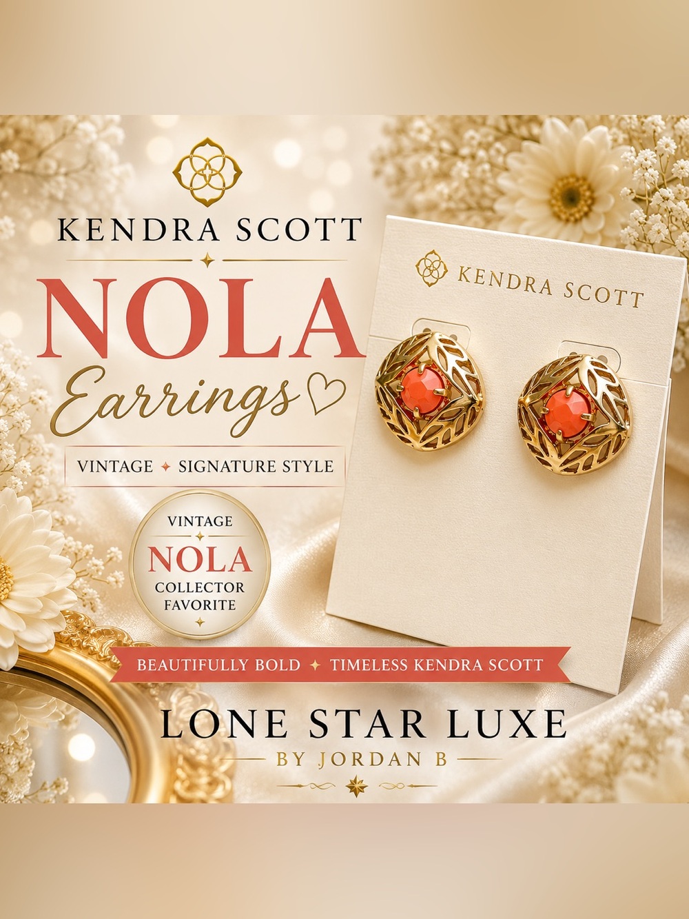 Kendra Scott Retired Nola Gold Filigree Cage Stud Earrings Coral Pink Orange